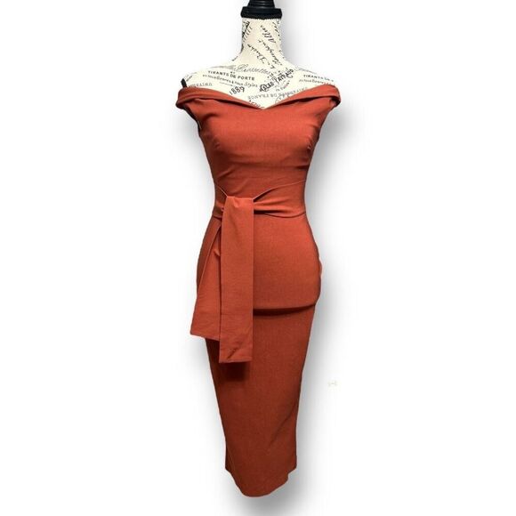 NWT Vesper247 XS Rust Off Shoulder Midi Dress Zip Back Belted Wedding Guest Fall - Picture 2 of 8